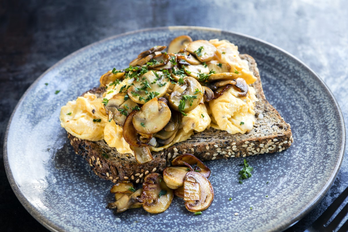 Colazione salata: omelette di uova con funghi arrostiti e pane integrale tostato